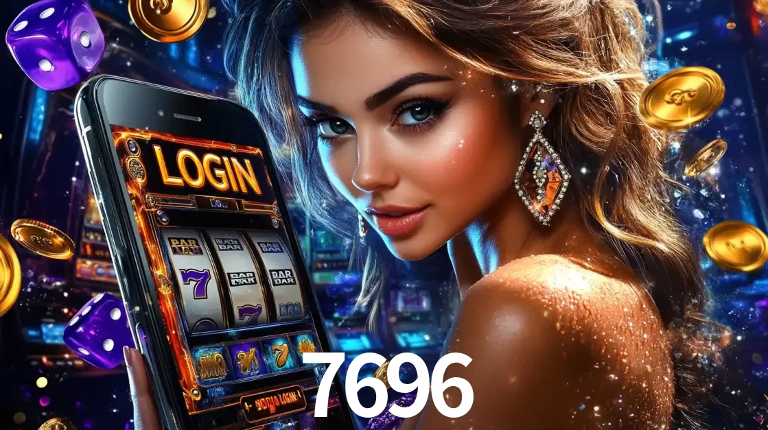Mulher glamorosa segurando um smartphone com a tela de login para os jogos de caça-níqueis do cassino online 7696, com moedas de ouro e dados ao redor.